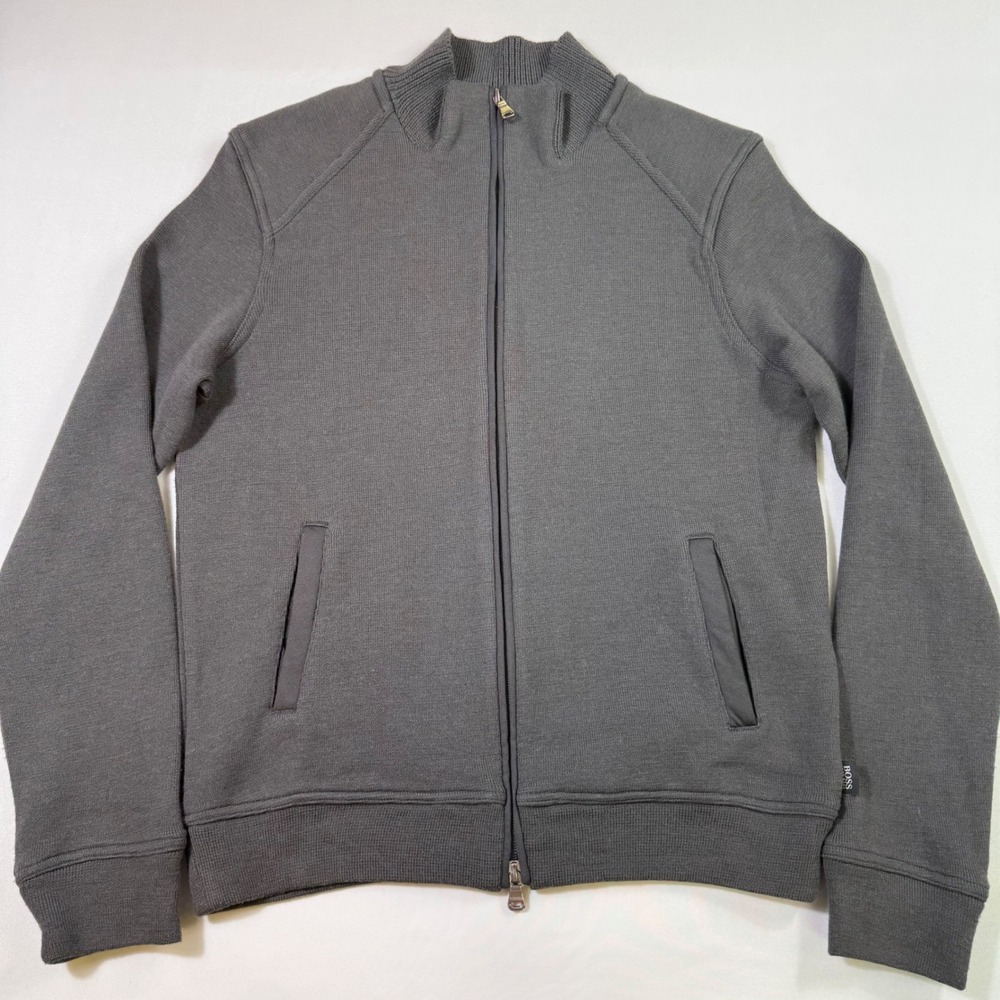 Hugo Boss Full Zip Knit Jacket Mens Medium Grey Wool Blend Mock Neck Sweater EUC